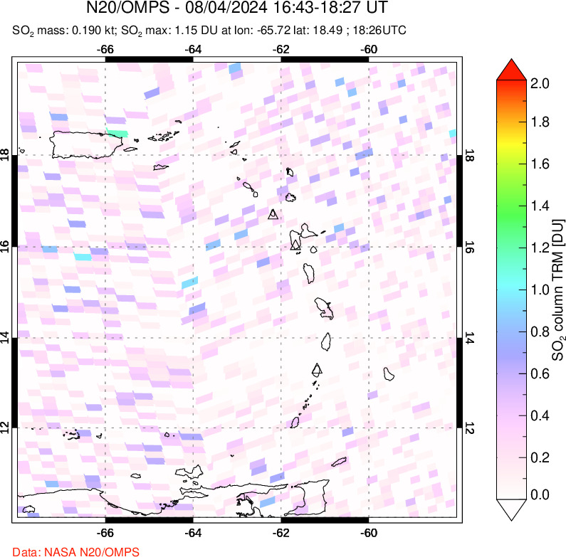 A sulfur dioxide image over Montserrat, West Indies on Aug 04, 2024.