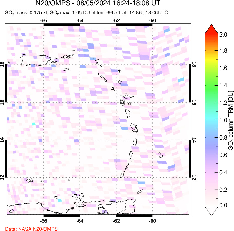 A sulfur dioxide image over Montserrat, West Indies on Aug 05, 2024.