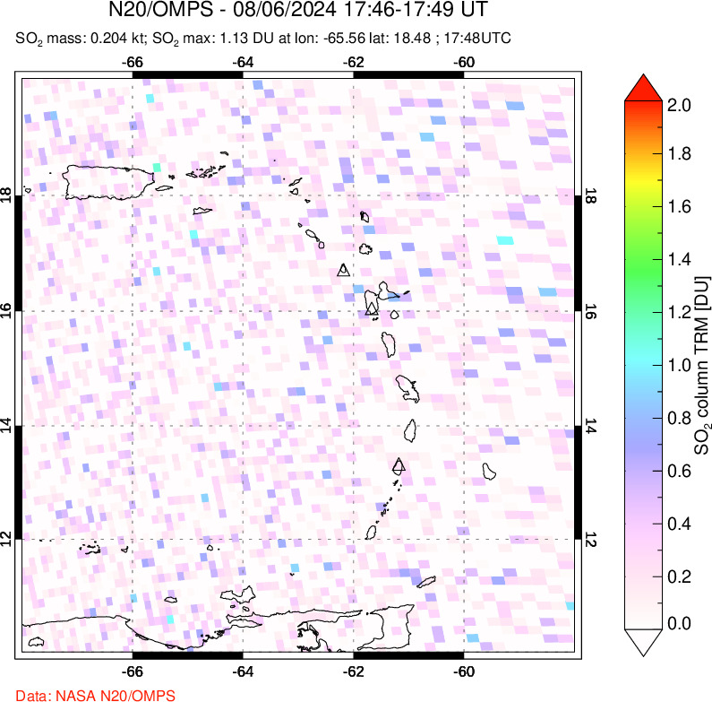 A sulfur dioxide image over Montserrat, West Indies on Aug 06, 2024.