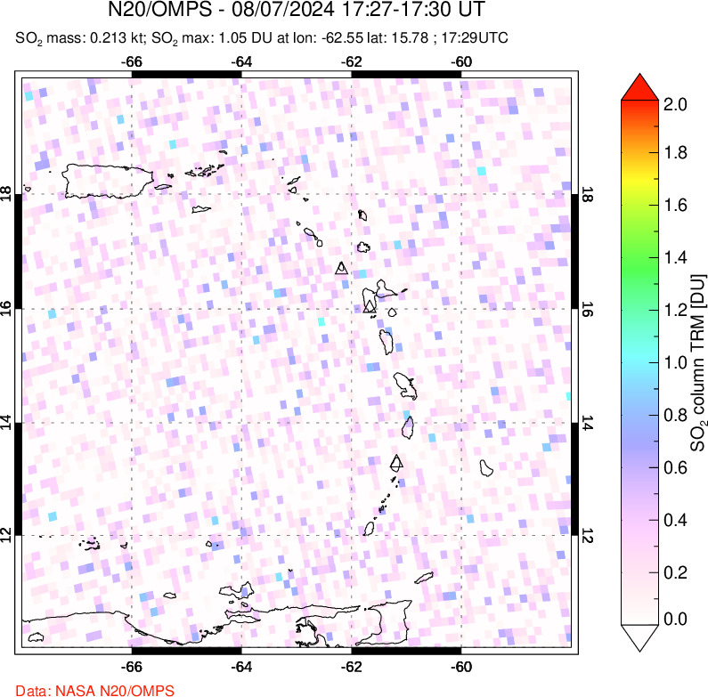 A sulfur dioxide image over Montserrat, West Indies on Aug 07, 2024.