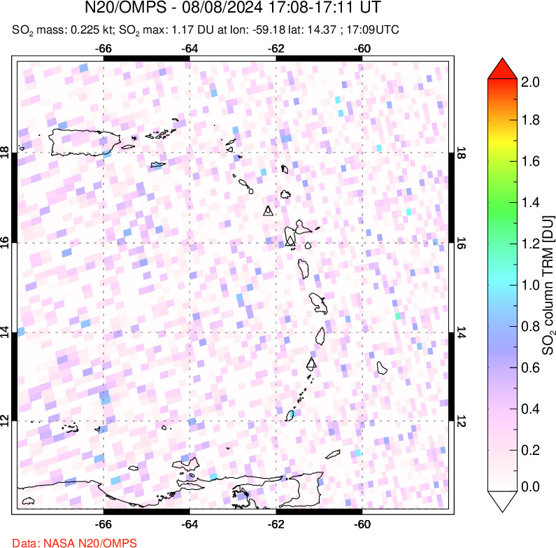 A sulfur dioxide image over Montserrat, West Indies on Aug 08, 2024.