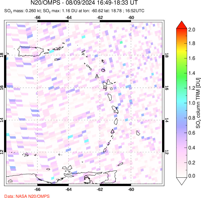 A sulfur dioxide image over Montserrat, West Indies on Aug 09, 2024.