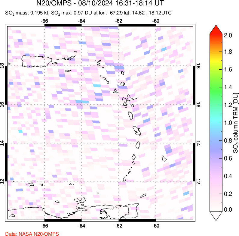 A sulfur dioxide image over Montserrat, West Indies on Aug 10, 2024.