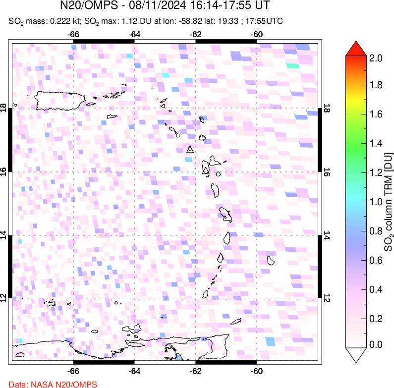 A sulfur dioxide image over Montserrat, West Indies on Aug 11, 2024.