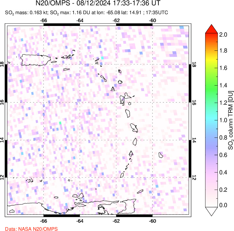 A sulfur dioxide image over Montserrat, West Indies on Aug 12, 2024.