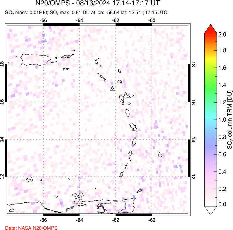 A sulfur dioxide image over Montserrat, West Indies on Aug 13, 2024.