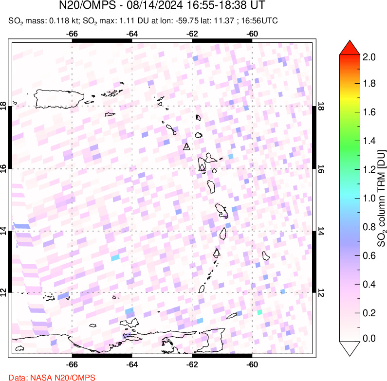 A sulfur dioxide image over Montserrat, West Indies on Aug 14, 2024.