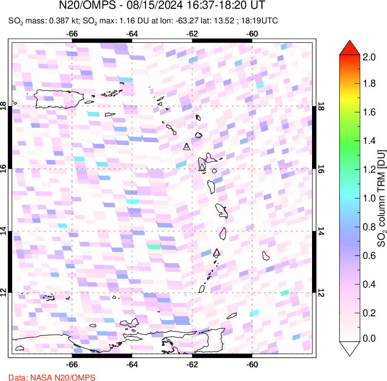 A sulfur dioxide image over Montserrat, West Indies on Aug 15, 2024.