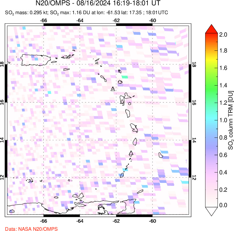 A sulfur dioxide image over Montserrat, West Indies on Aug 16, 2024.