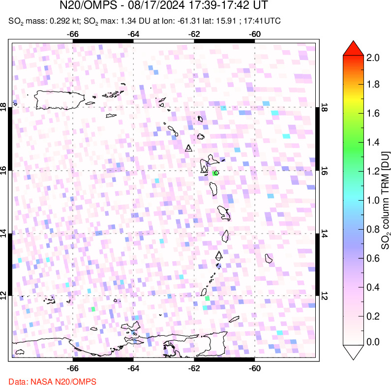 A sulfur dioxide image over Montserrat, West Indies on Aug 17, 2024.