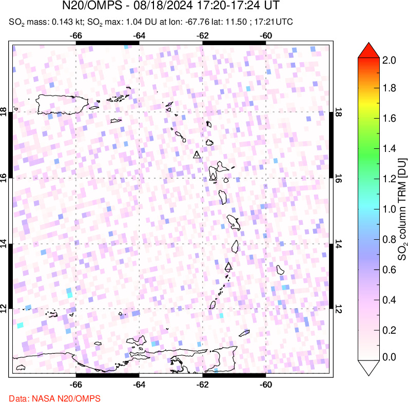 A sulfur dioxide image over Montserrat, West Indies on Aug 18, 2024.