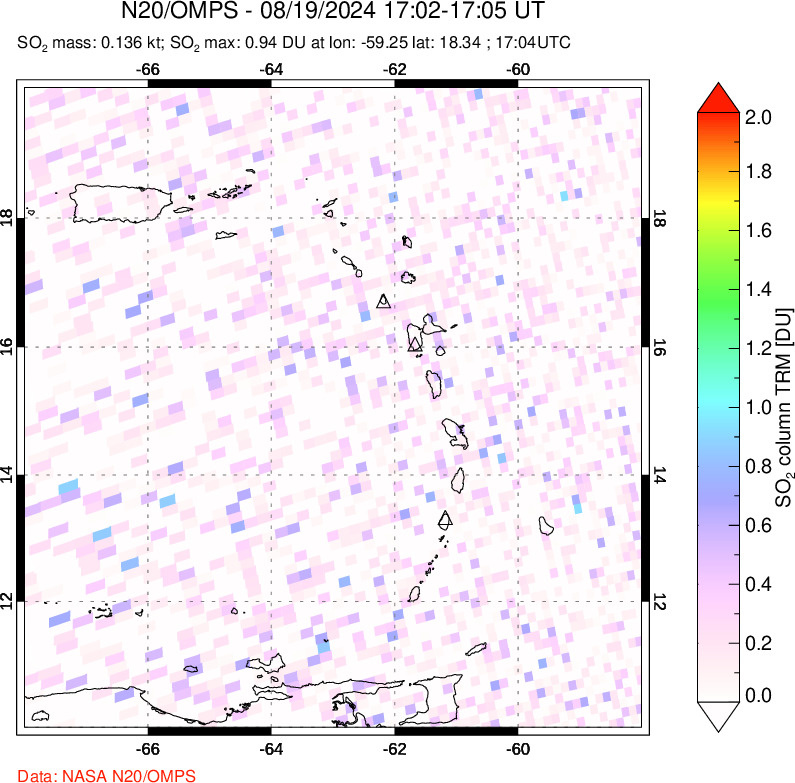 A sulfur dioxide image over Montserrat, West Indies on Aug 19, 2024.