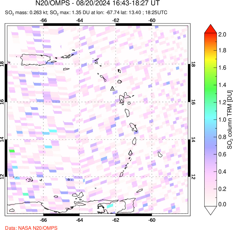 A sulfur dioxide image over Montserrat, West Indies on Aug 20, 2024.