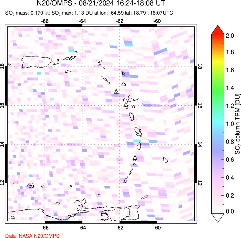 A sulfur dioxide image over Montserrat, West Indies on Aug 21, 2024.