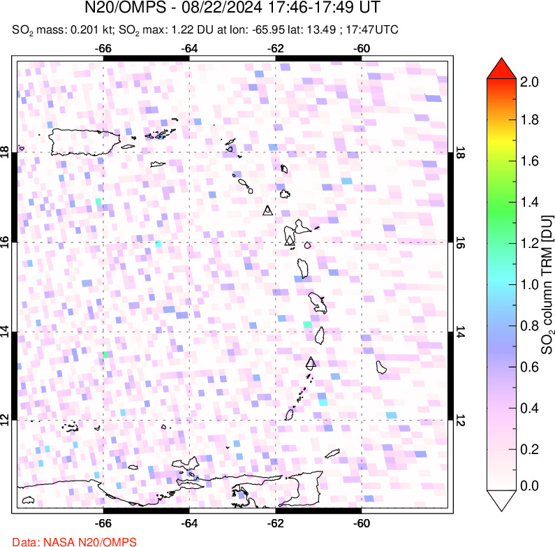 A sulfur dioxide image over Montserrat, West Indies on Aug 22, 2024.