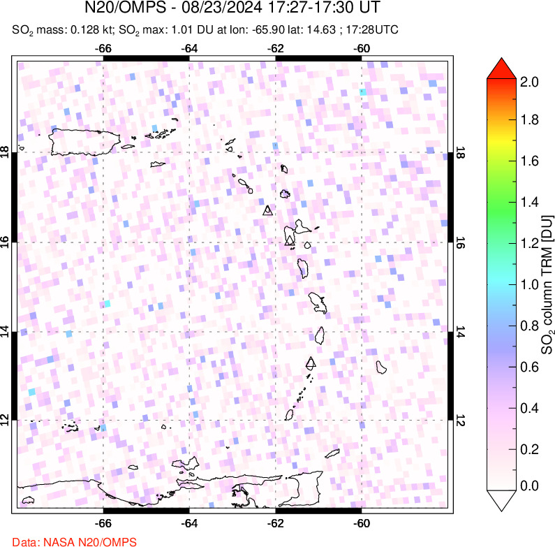 A sulfur dioxide image over Montserrat, West Indies on Aug 23, 2024.