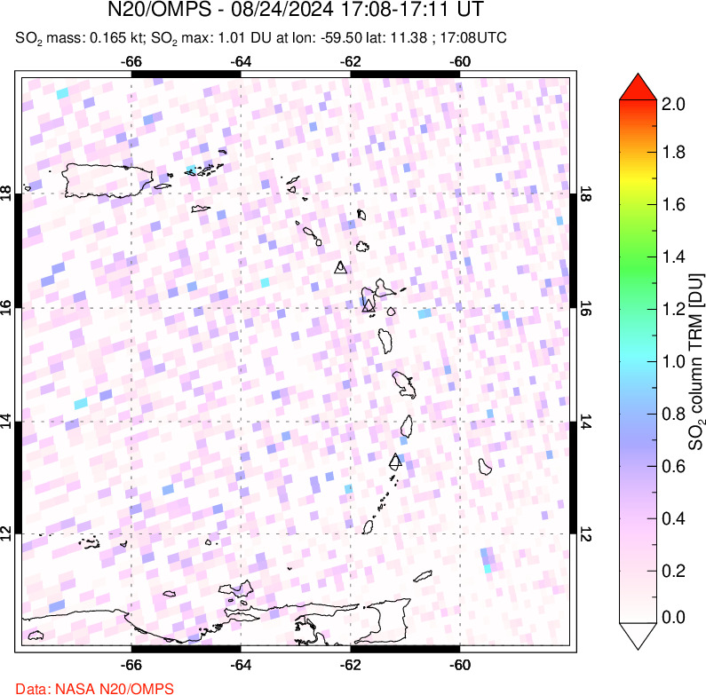 A sulfur dioxide image over Montserrat, West Indies on Aug 24, 2024.