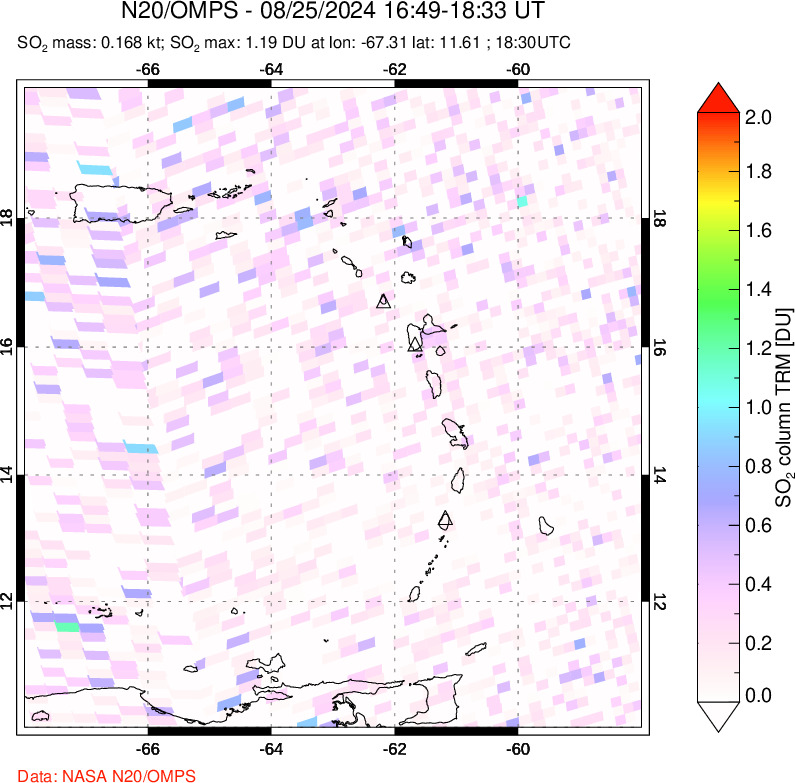 A sulfur dioxide image over Montserrat, West Indies on Aug 25, 2024.