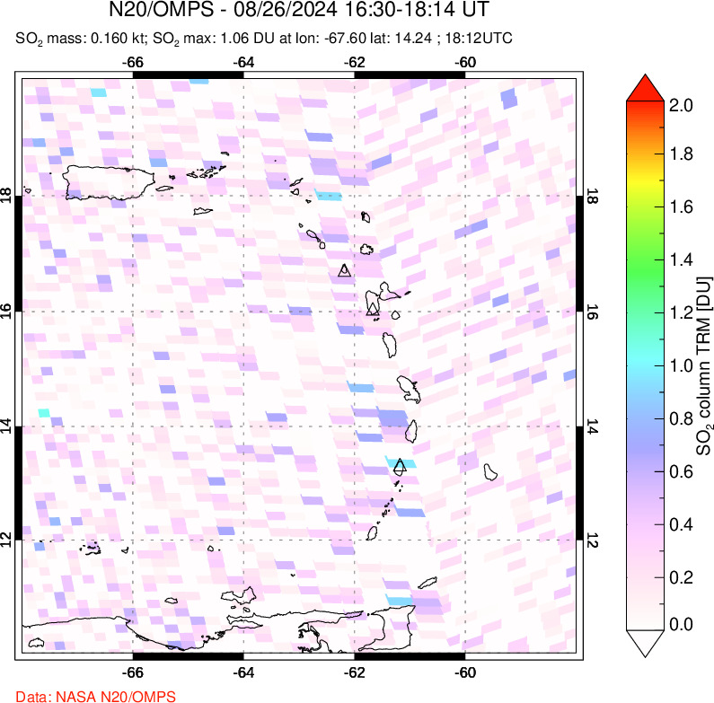 A sulfur dioxide image over Montserrat, West Indies on Aug 26, 2024.