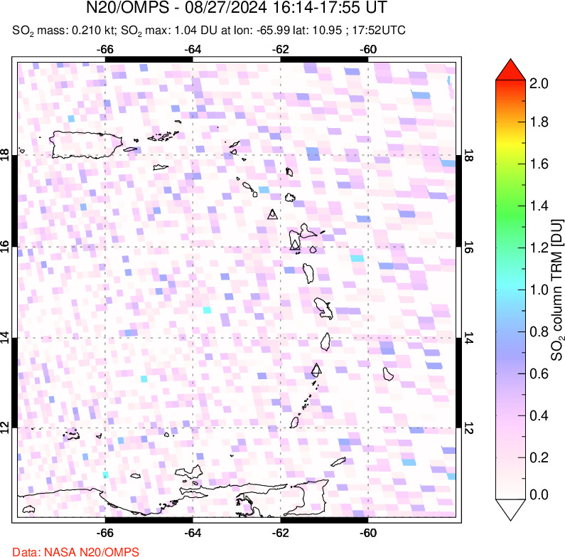 A sulfur dioxide image over Montserrat, West Indies on Aug 27, 2024.