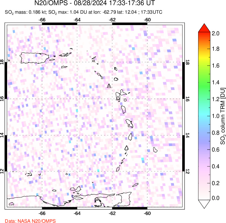 A sulfur dioxide image over Montserrat, West Indies on Aug 28, 2024.