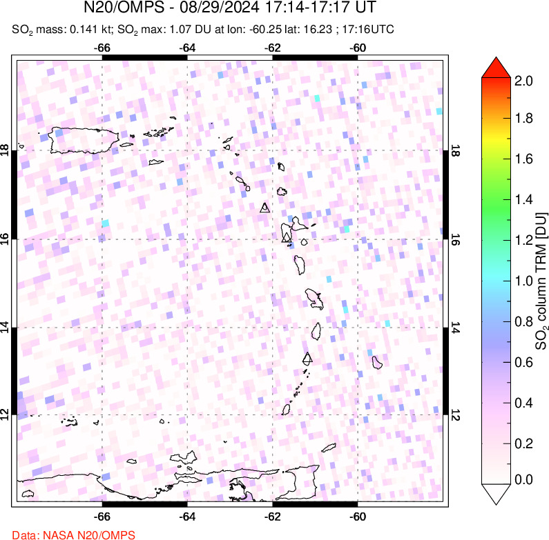 A sulfur dioxide image over Montserrat, West Indies on Aug 29, 2024.