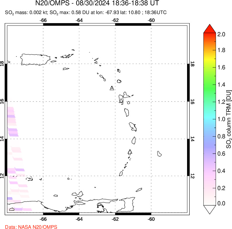 A sulfur dioxide image over Montserrat, West Indies on Aug 30, 2024.