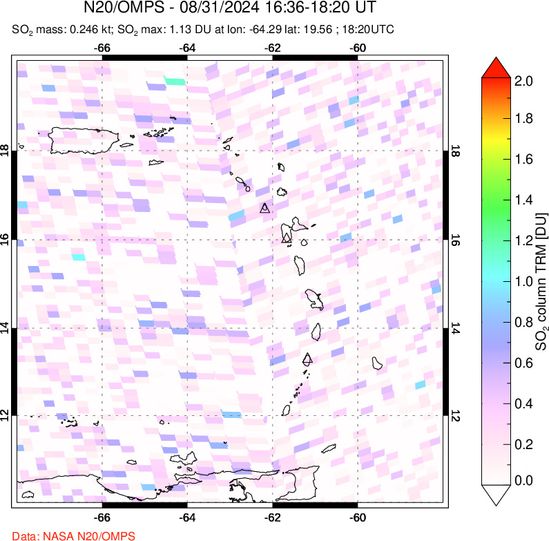 A sulfur dioxide image over Montserrat, West Indies on Aug 31, 2024.