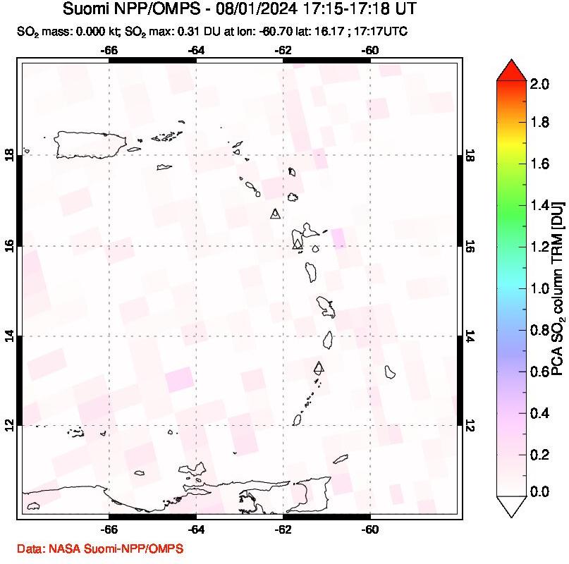 A sulfur dioxide image over Montserrat, West Indies on Aug 01, 2024.