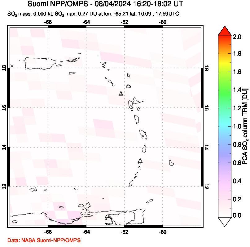 A sulfur dioxide image over Montserrat, West Indies on Aug 04, 2024.