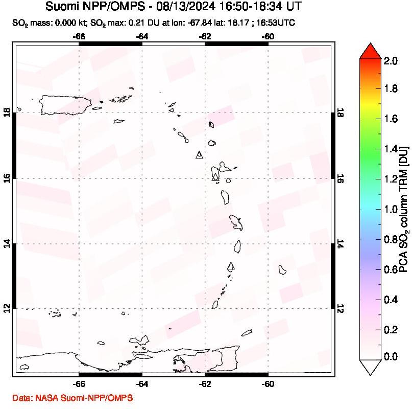 A sulfur dioxide image over Montserrat, West Indies on Aug 13, 2024.