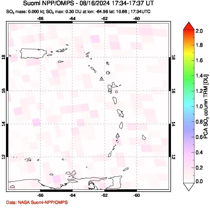 A sulfur dioxide image over Montserrat, West Indies on Aug 16, 2024.