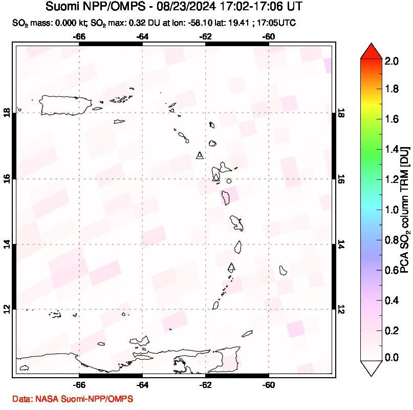 A sulfur dioxide image over Montserrat, West Indies on Aug 23, 2024.