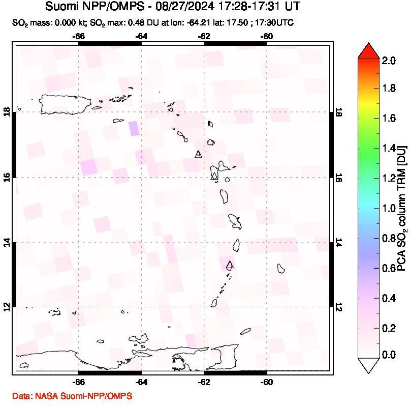 A sulfur dioxide image over Montserrat, West Indies on Aug 27, 2024.