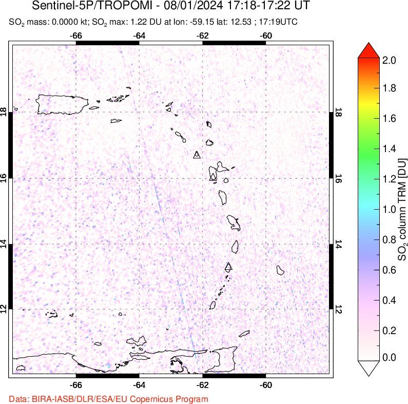 A sulfur dioxide image over Montserrat, West Indies on Aug 01, 2024.