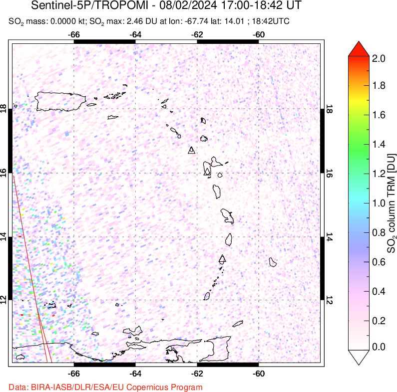 A sulfur dioxide image over Montserrat, West Indies on Aug 02, 2024.