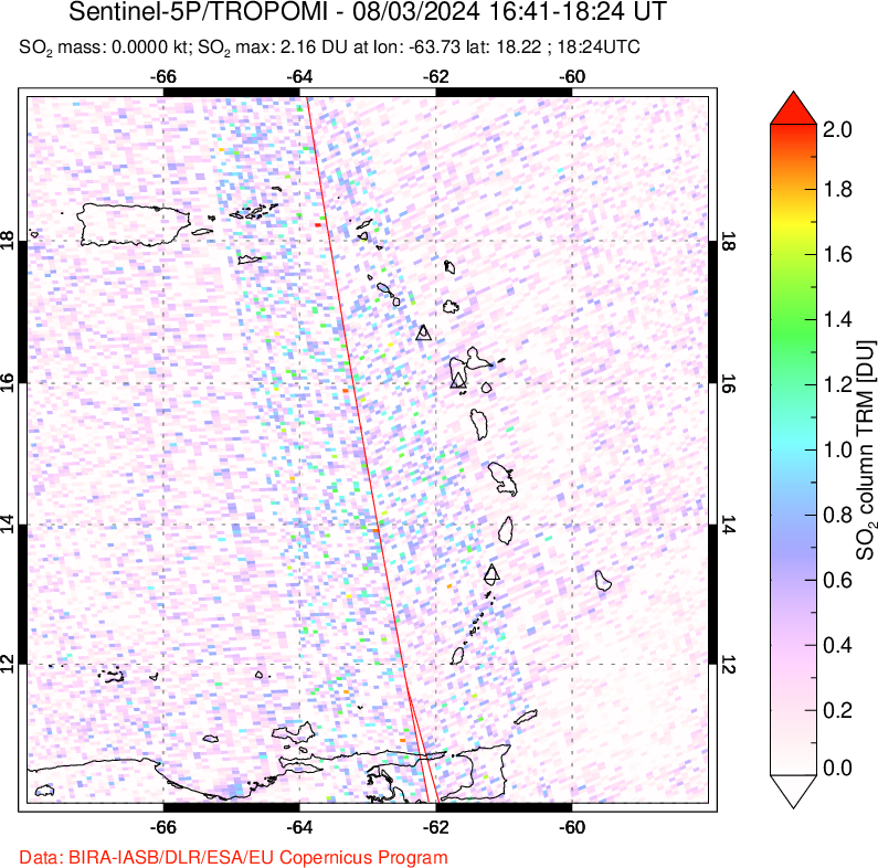 A sulfur dioxide image over Montserrat, West Indies on Aug 03, 2024.