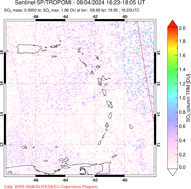 A sulfur dioxide image over Montserrat, West Indies on Aug 04, 2024.