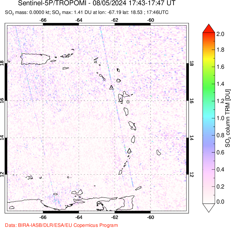 A sulfur dioxide image over Montserrat, West Indies on Aug 05, 2024.