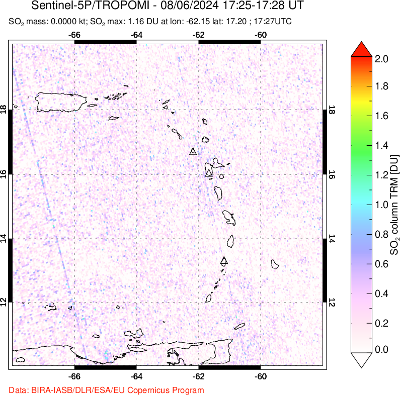 A sulfur dioxide image over Montserrat, West Indies on Aug 06, 2024.