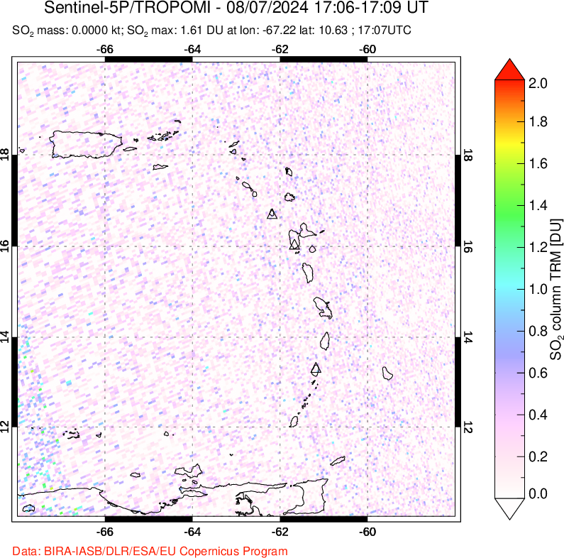 A sulfur dioxide image over Montserrat, West Indies on Aug 07, 2024.