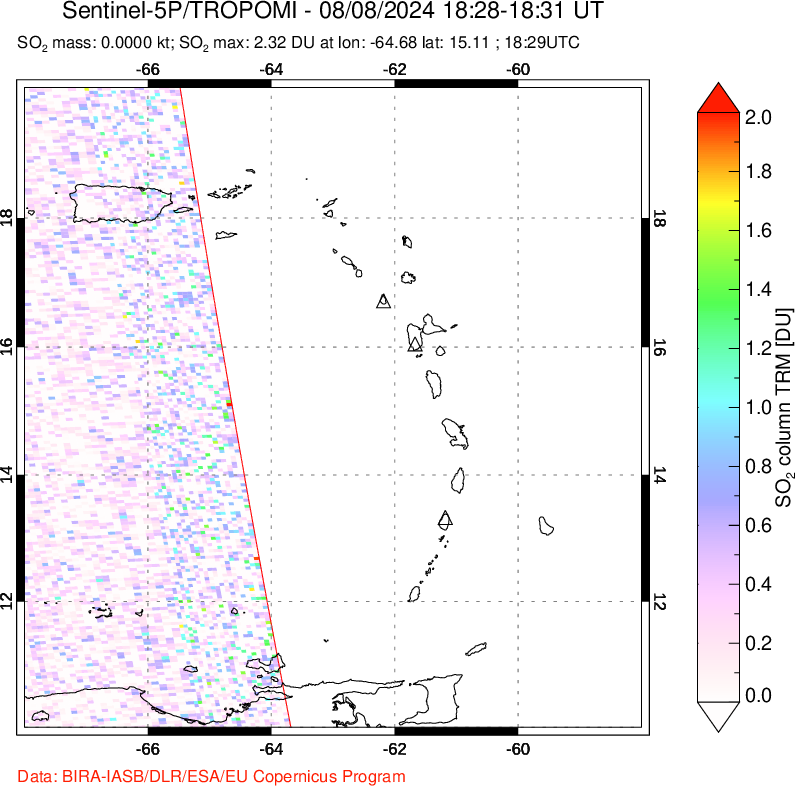 A sulfur dioxide image over Montserrat, West Indies on Aug 08, 2024.