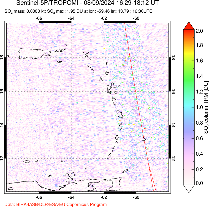 A sulfur dioxide image over Montserrat, West Indies on Aug 09, 2024.