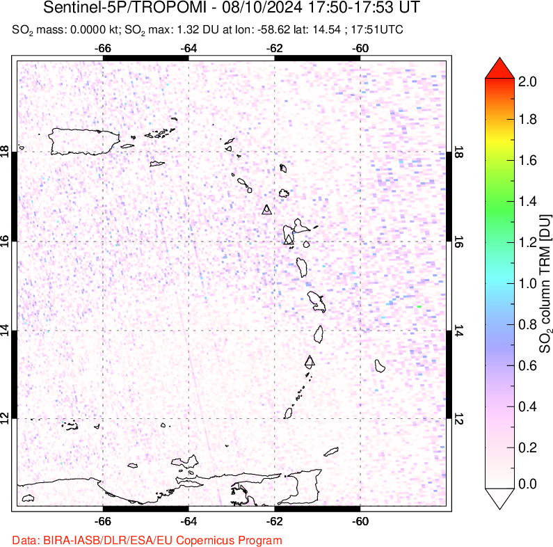 A sulfur dioxide image over Montserrat, West Indies on Aug 10, 2024.