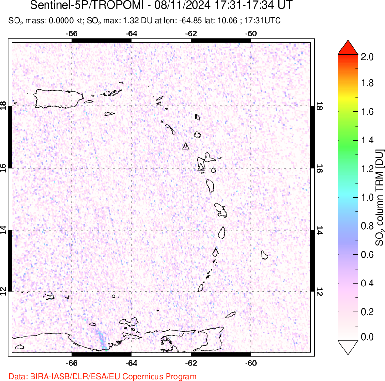 A sulfur dioxide image over Montserrat, West Indies on Aug 11, 2024.