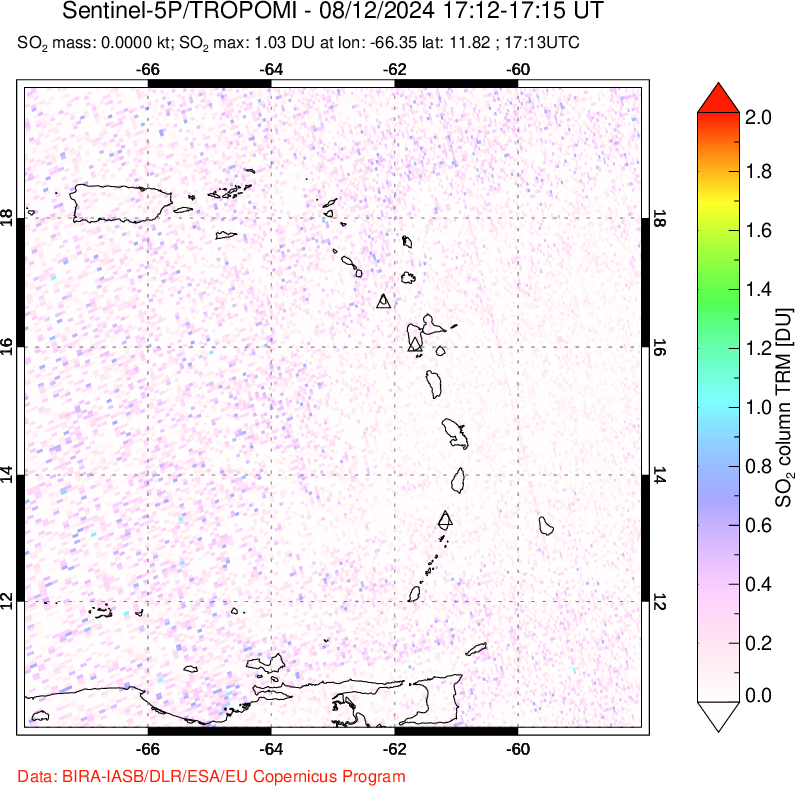 A sulfur dioxide image over Montserrat, West Indies on Aug 12, 2024.