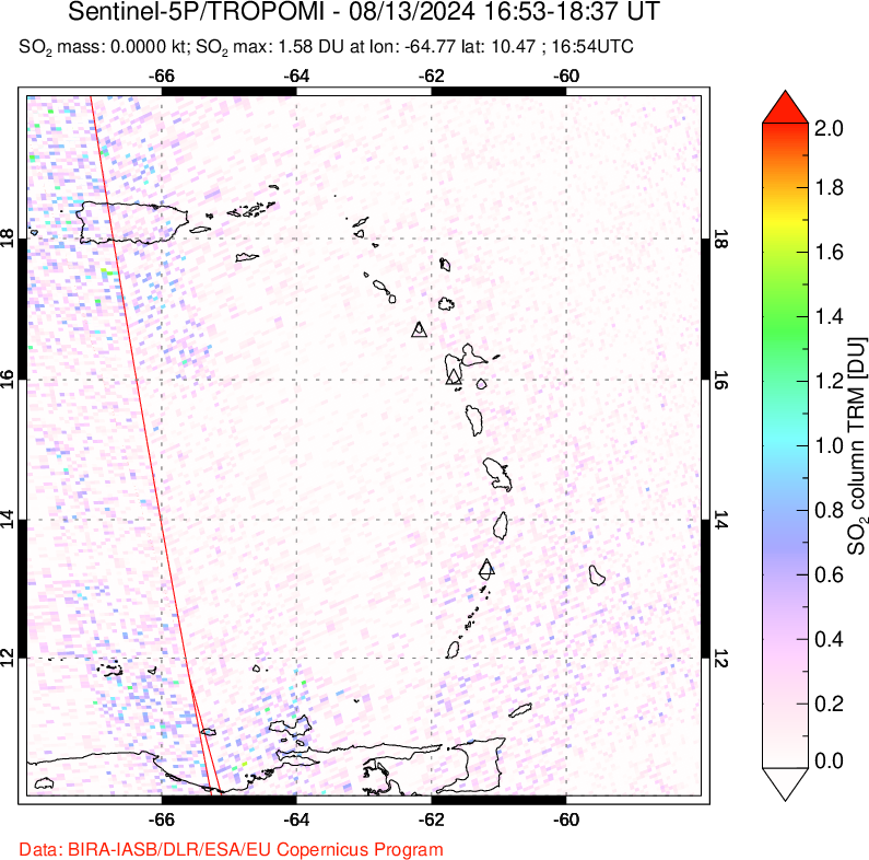 A sulfur dioxide image over Montserrat, West Indies on Aug 13, 2024.