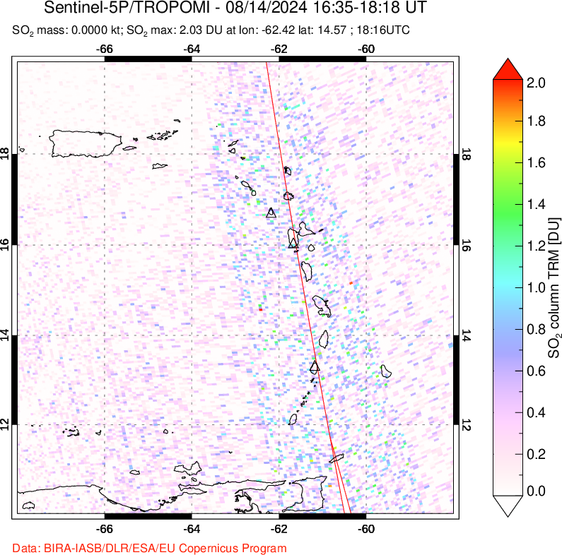 A sulfur dioxide image over Montserrat, West Indies on Aug 14, 2024.