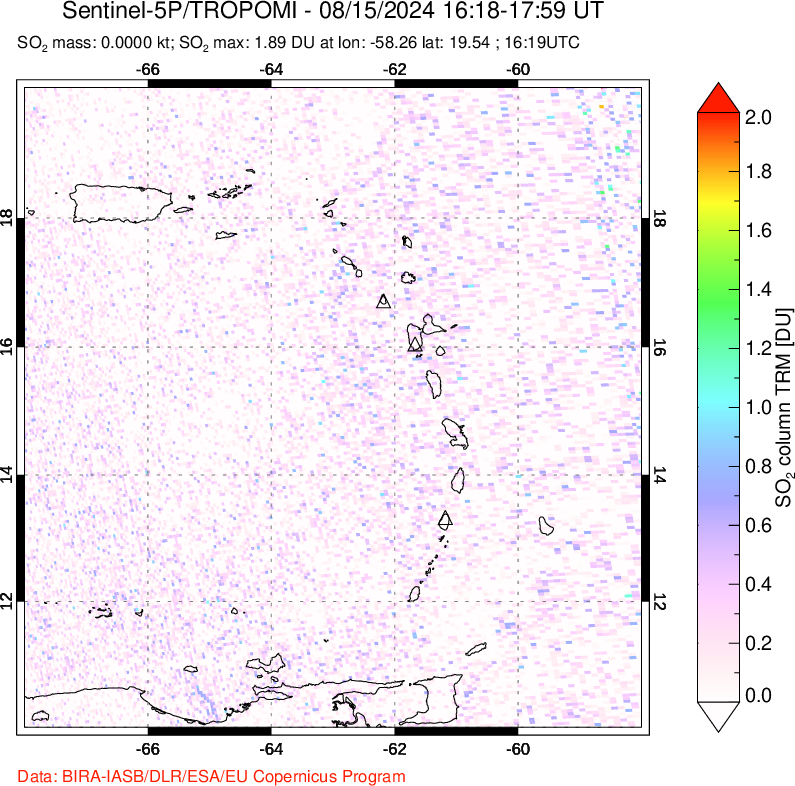 A sulfur dioxide image over Montserrat, West Indies on Aug 15, 2024.