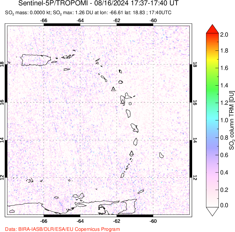 A sulfur dioxide image over Montserrat, West Indies on Aug 16, 2024.